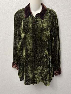 Vintage Carol Horn Olive Green Rose Floral Fil Coupe Burnout Silk Blend Velvet B